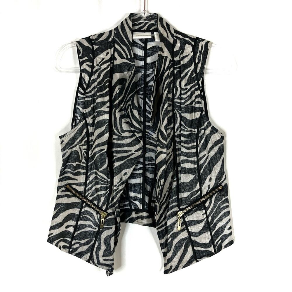 Chico's Linen Shimmer Zebra Pattern Open Front Moto Vest Womens CHICOS 0/ US S